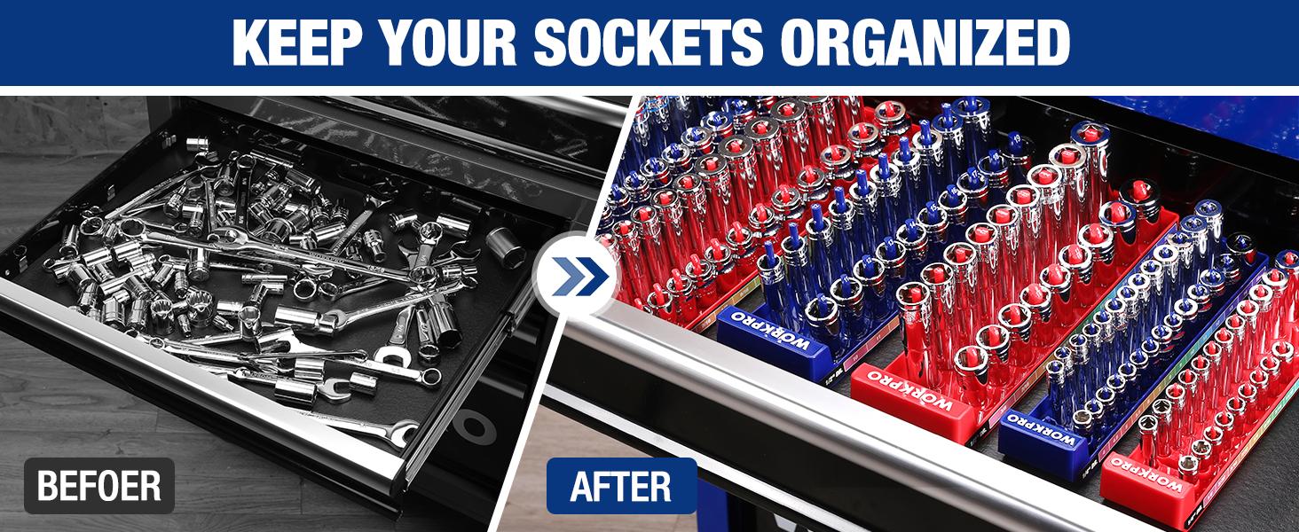 #BacktoSchool WORKPRO Socket Organizer Set, 1/4" 3/8" 1/2" Drive Socket Holder | Fits Impact Sockets, Metric & SAE Socket Trays, Holds Sockets, Large Capacity, Clear Size Identification