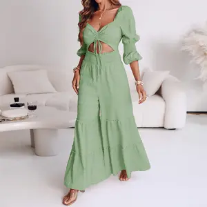 ChicMe Women's Square Neck Long Sleeve Drawstring Shirred Jumpsuit for Wedding Guest & Wedding
