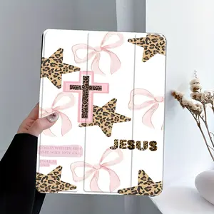Juses46:5 Psalm Pattern Leopard Print Religious Aesthetic Cross Tablet Case with Pen Slot Foldable,Suitable for iPad Mini, Air, Pro 4,5,6,7(2017,2018,2019,2020,2021,2022,2023,2024,2025 models),and Samsung S6,7,8,9,10FE + A7 LTE tablet cases