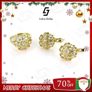 LuLuEcho New Fashion Jewelry Set 14K Gold Plated with Elegant Floral Earrings & Ring for Women's Modern Style