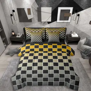 Black Checkered Bed in A Bag 7 Piece Yellow Grey Ombre Comforter Set with Sheets Buffalo Plaid Grid Bedding Set,for Kids Adults,Aesthetic Gingham Bed Set