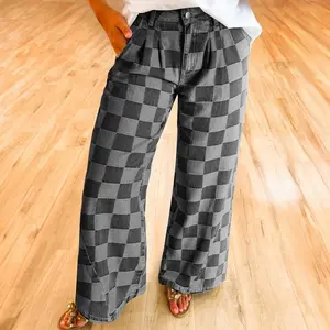 Women’s Checkered Denim Wide-Leg Jeans for Daily Wear