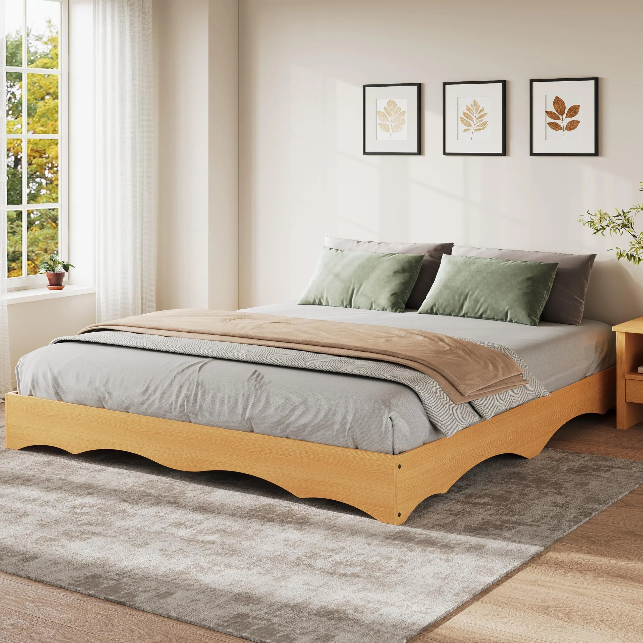 California King Wooden Platform Bed Frame, Low-Profile Bed with Wavy Wood Design, Minimalist Bed Base Without Headboard, Noise-Free Support, No Box Spring Needed
