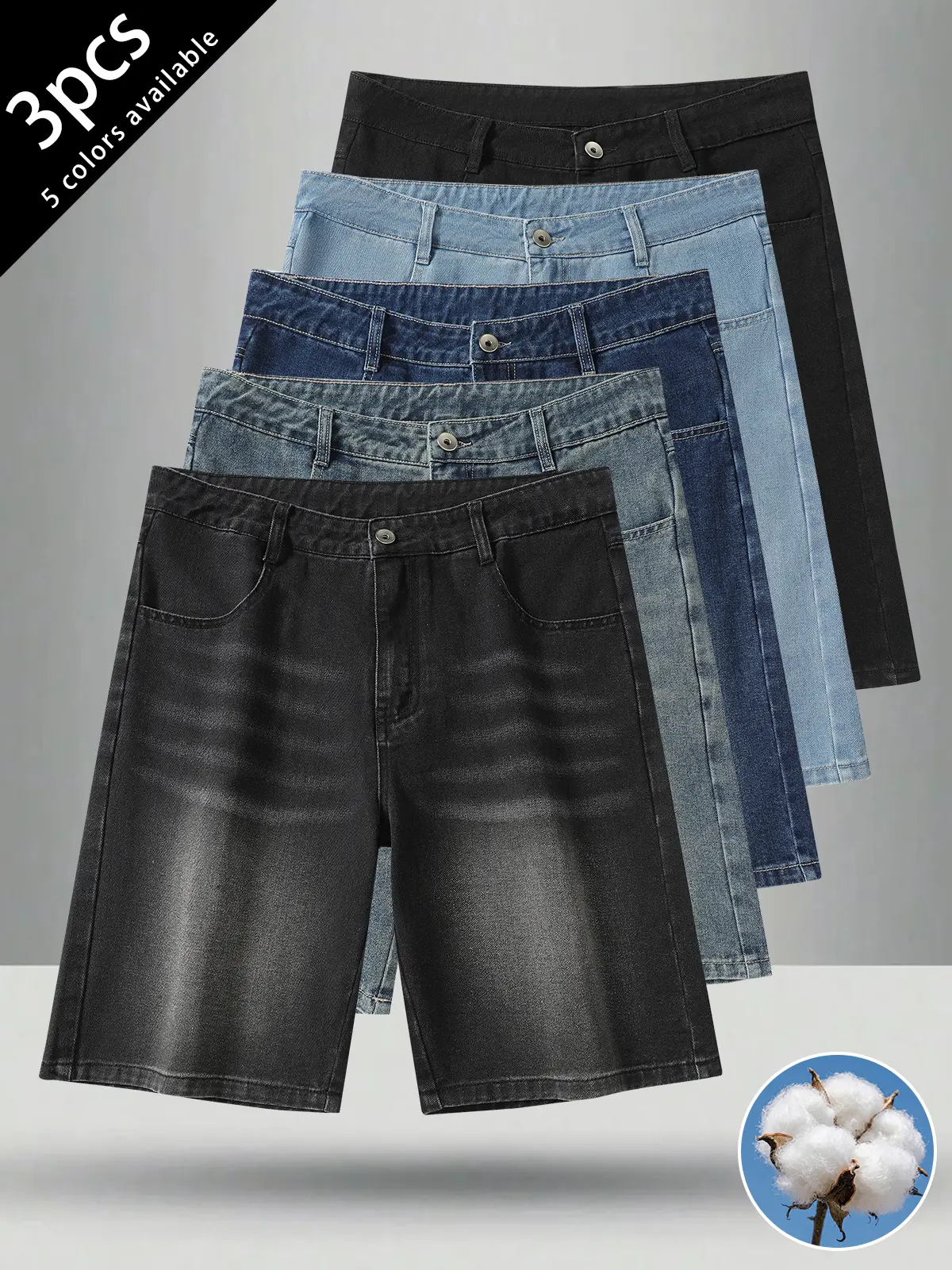 3-pack men’s shorts: cotton shorts, mid-thigh shorts, and loose cotton denim shorts.Button design at the front; loose straight cut that flatters the figure and is versatile—suits all body types.Available in multiple colors; versatile and matches any style