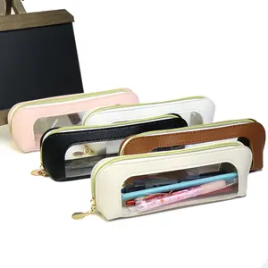 Transparent PU Pencil Case with Window Makeup Brush Storage Bag Ins Japanese Style Large Capacity Student High-Value Storage Transparent Bag
