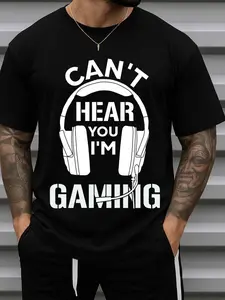 Men's 180g 100% Cotton Gamer T-Shirt with Game Headphones & Controller/Over Text Print - Casual Round Neck Short Sleeve Tee for PC Gaming, Console, Smartphone - Ideal Christmas Gift for Gamers