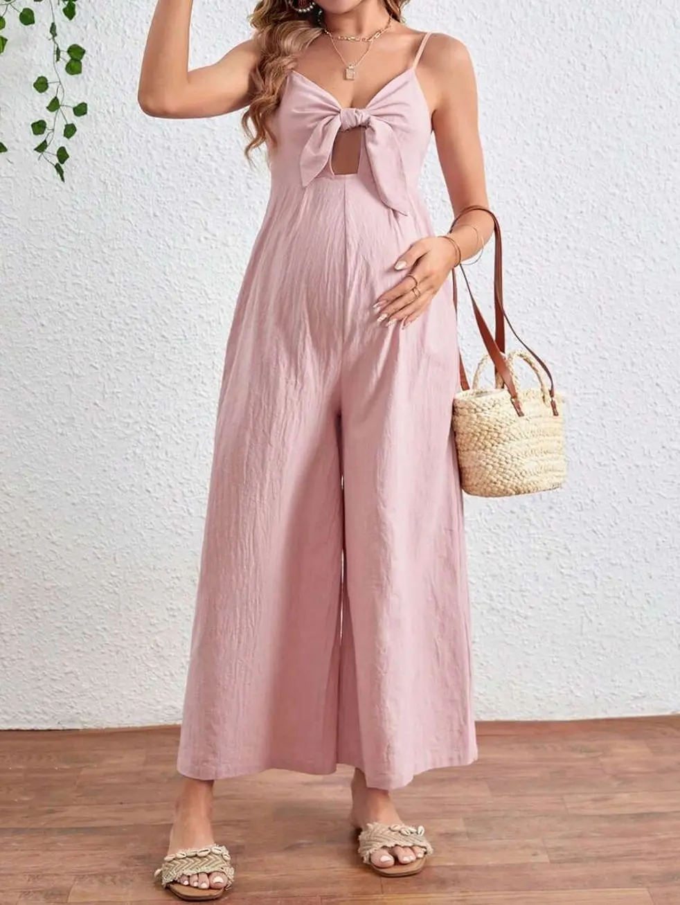 Maternity Wide Leg Jumpsuit, Spaghetti Strap Pregnancy Romper with Front Tie for Stylish Wear