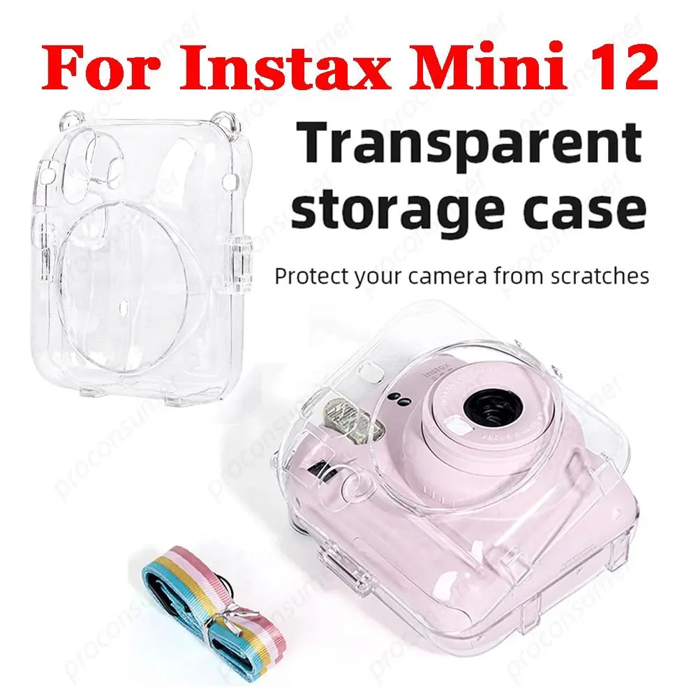 Fujifilm Instax Mini 12 Transparent PC Crystal Cover, Portable Camera Accessories with Shoulder Strap, Shock-Resistant Protective Storage Bag for Camera Protection