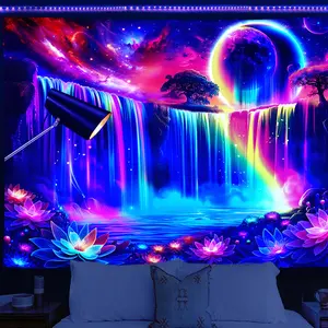 1pc Galaxy Waterfall And Forest Night Scene Tapestry, Wall Hanging - Glowing Under UV Light, Tapestry For Bedroom Living Room Dormitory Office,Multi-purpose Home/Room/Wall/Party Decor, Holiday Gift Backdrop Halo