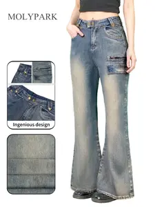 Women's Soft Fabric Utility Jeans, Mid-Waist Loose Fit, Multi-Pocket Post-Apocalyptic Design, Vintage Streetwear for All Seasons