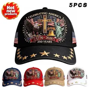 5PCS 1776-2026 US 250th Anniversary Vintage Dad Caps | Patriotic Flag & Cross Print Baseball Hats for Men & Women