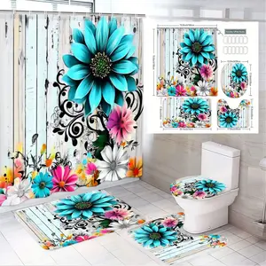 4pcs Vibrant Floral Bathroom Decor Set - Colorful Shower Curtain, Bath Mats, and Toilet Seat Cover with Distressed Wood Background - Perfect for Spring Refresh and Summer Vibes - Elevate Your Bathroom with Artistic Elegance