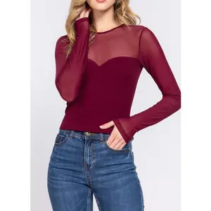 TRINITY BURGUNDY ROUND NECK MESH TOP