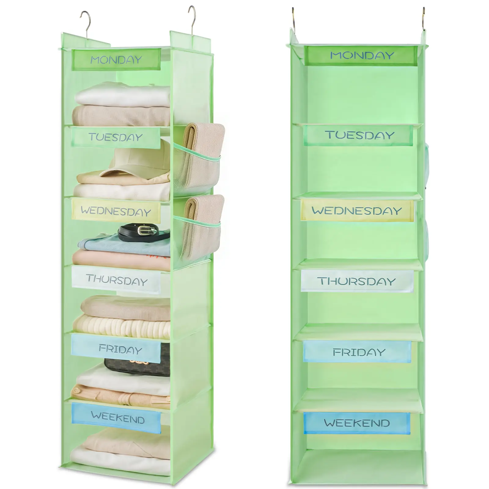 Hangable Kids Hanging Clothes Organizer - 6-Shelf Home Storage Racks with Colorful Labels, Space-Saving Design, 2 Side Pockets for Kids Room Plushies Closet Storage