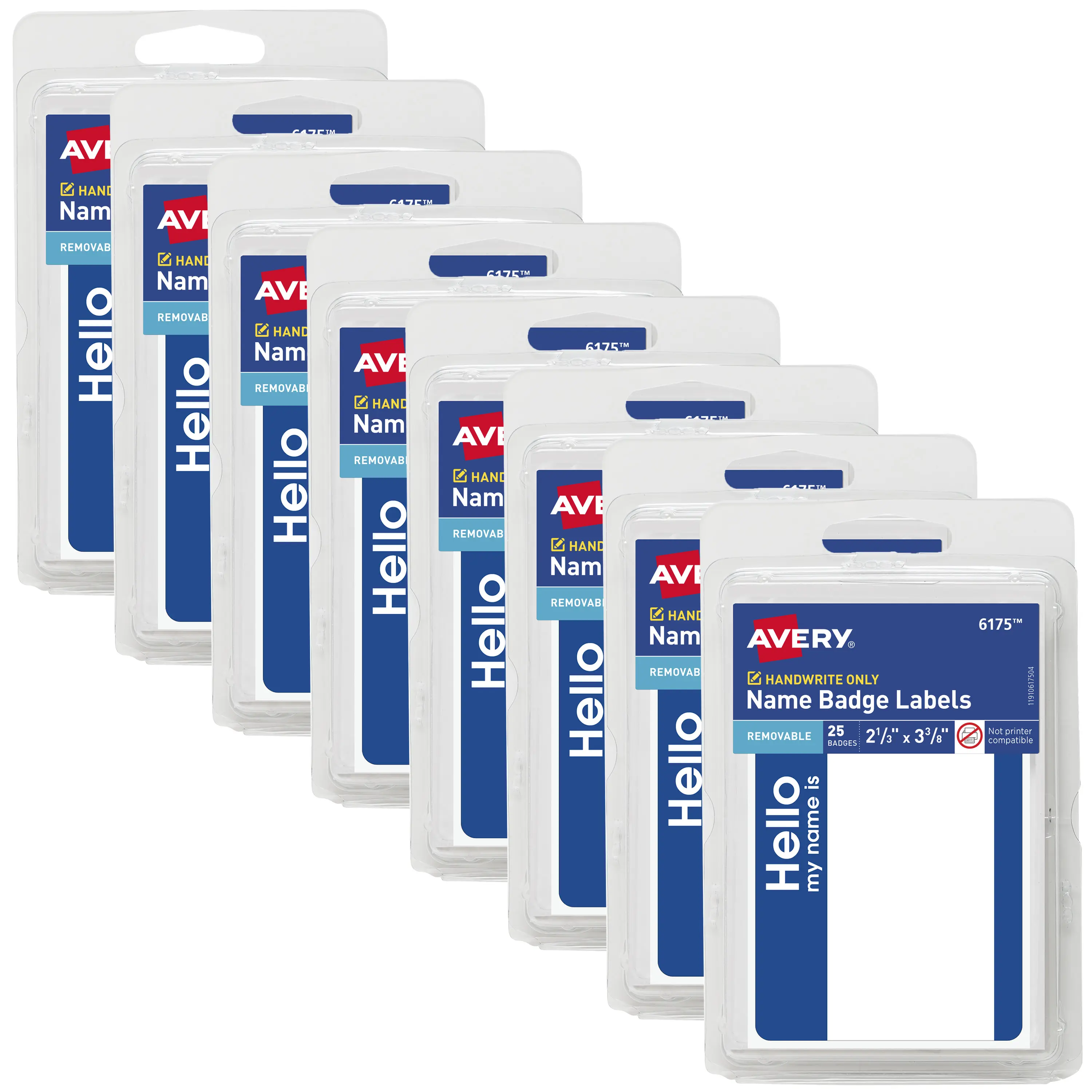 Avery "Hello My Name Is" Name Tags, 2-1/3" x 3-3/8", White with Blue Border, Non-Printable, 8 Packs, 200 Name Badges Total (21927)