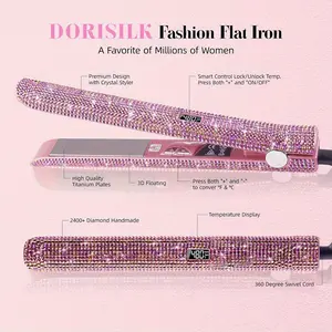 DORISILK Titanium Flat Iron Hair Straightener, 480°F Salon Straightening Iron 30s Fast Heat, Rhinestone Straightener Flat Iron Bling Crystal, 1 Inch Straightener Curling Iron, Negative Ion Rose Pink