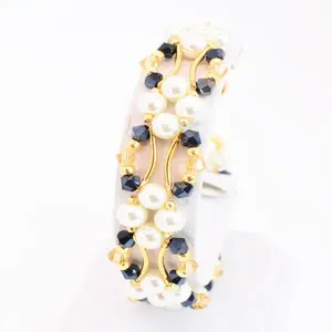Chic Brico Midnight Navy Blue and Gold Crystal and Pearl Hex Block Link Bracelet