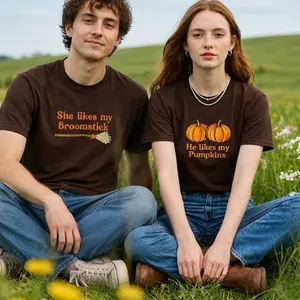 Embroidered  Couples Cute Halloween Clothes Set, Matching T-Shirt Set - broomstick and pumpkins