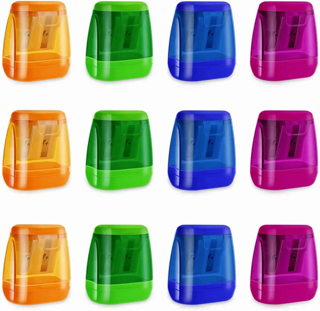 12 Pcs Manual Pencil Sharpener for School Office Home Pencil Sharpeners for Kids with Lid Colored Compact Dual Holes Portable Handheld Plastic Pencil Sharpener for Adults Students Class Home Office