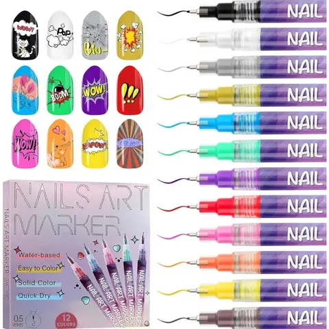 Kalolary 12 Vibrant Colors 0.5mm Tip Acrylic Design Pen Set - Dotting Pens, Liner Brushes for DIY Geometric Manicure | Nail Art Accessories, Beauty Supplies for Adults, Perfect Gift for Birthdays