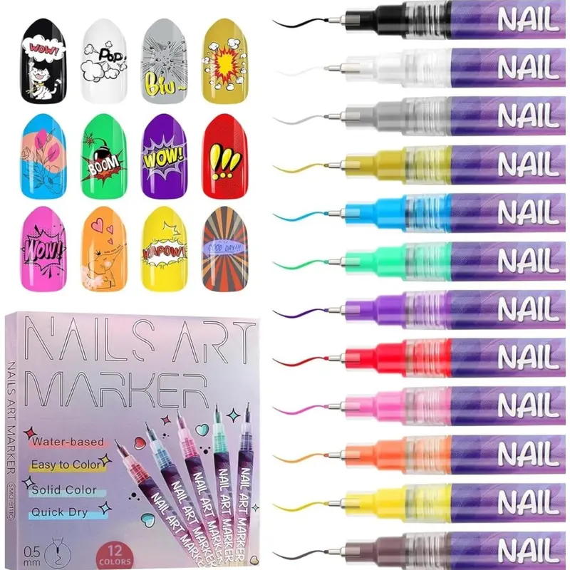 Kalolary 12 Vibrant Colors 0.5mm Tip Acrylic Design Pen Set - Dotting Pens, Liner Brushes for DIY Geometric Manicure | Nail Art Accessories, Beauty Supplies for Adults, Perfect Gift for Birthdays