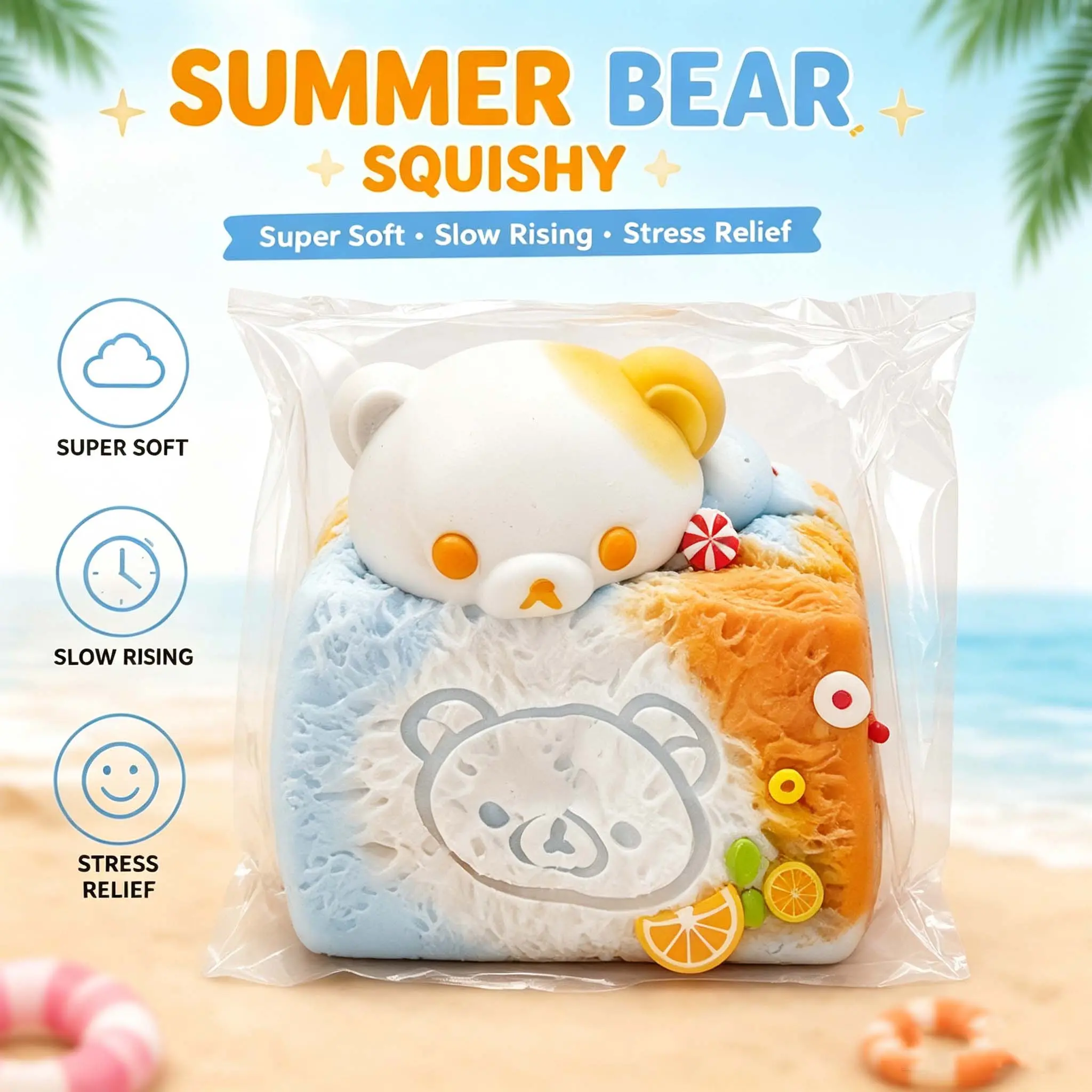 Summer Bear Squishy Toy, Cute Bear Squeeze Toy, Soft Slow Rising Fidget Toy, Kawaii Dessert Theme Stress Relief Sensory Toy, Gift for Kids & Adults