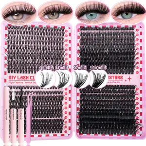 DIY Eyelash Cluster Kit False Eyelash Kit Eyelash Extensions, D Curl, Fluffy&Thick Style, Mixed Lengths 9-16mm Long-Lasting, Natural Look, Reusable - Includes Bond&Seal Tweezers - for Beginners, Daily Wear, Parties or Travel