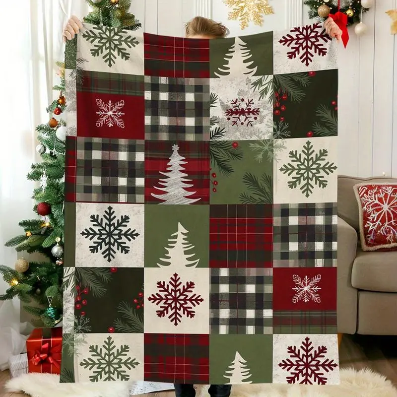 Vintage Red Checkered Plaid Snowflake Print Christmas Flannel Blanket - Soft Warm Flannel Fabric, 30-39 in, Cozy for Home & Travel, Ideal Holiday Gift for Vintage Charm Enthusiasts