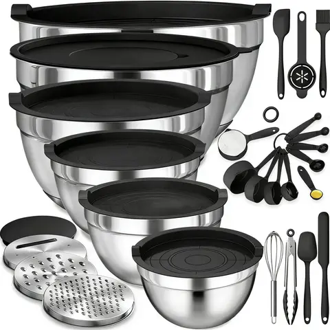 23-Piece Durable Stainless Steel Nesting Mixing Bowls Set - BPA-Free Lids, Graters, Whisk, Spoons, Varied Sizes, Colorful 6-Piece Component, Modern Kitchenware for Adult Home Cooking & Serving