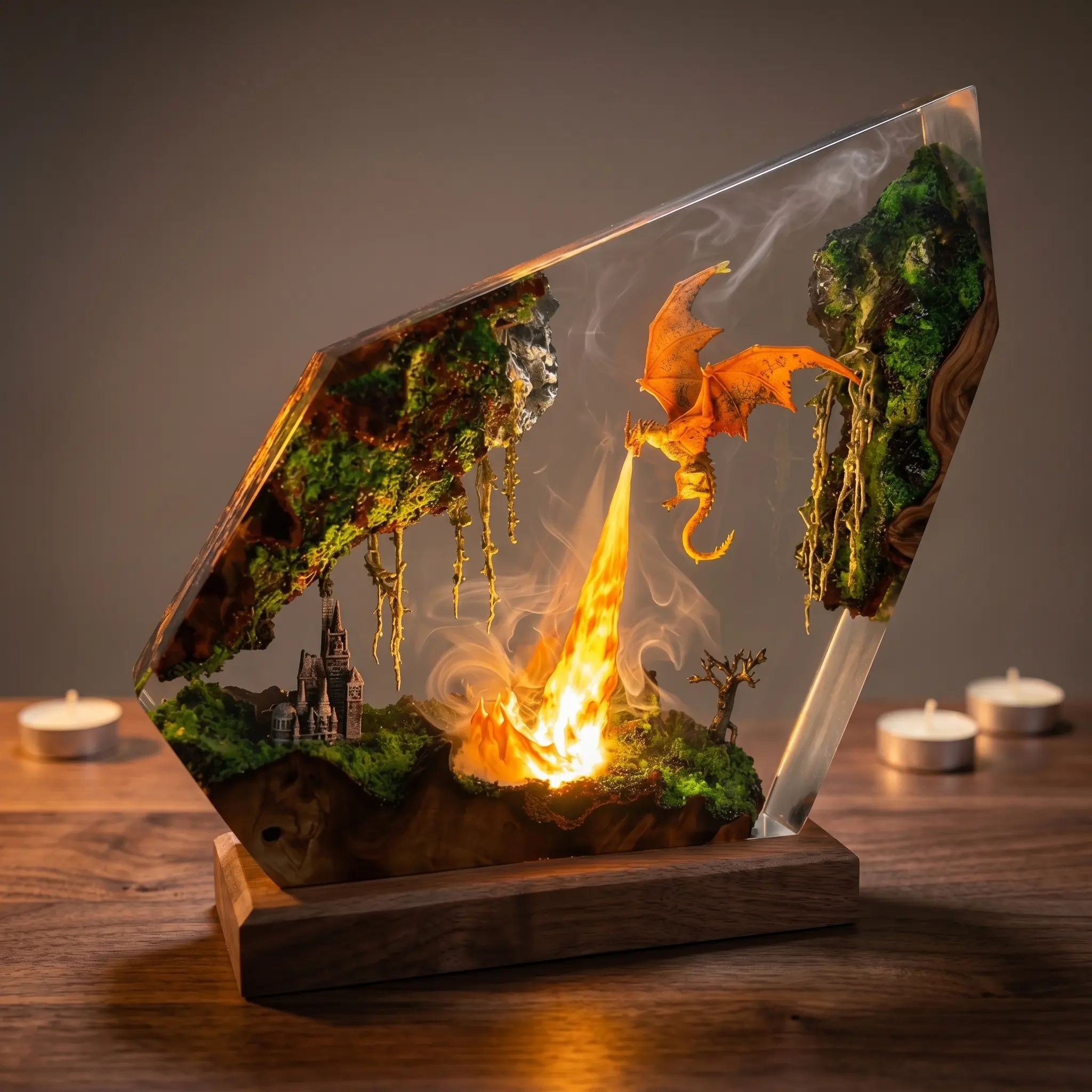 Dragon Resin Lamp, Fire Breathing LED Night Light, Fantasy Forest Decor, Handmade Epoxy Resin Lamp, Gaming Room Decor, Gift for Him, Halloween Christmas Birthday