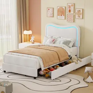 Upholstered Boucle LED Bed Frame Twin Full Queen Size with 2 Storage Drawers & Smart RGB LED Lights, Platform Bed for Kids Girls Boys, App Remote Control, Noise Free, Wooden Slats Support, No Box Spring Needed, Easy Assembly