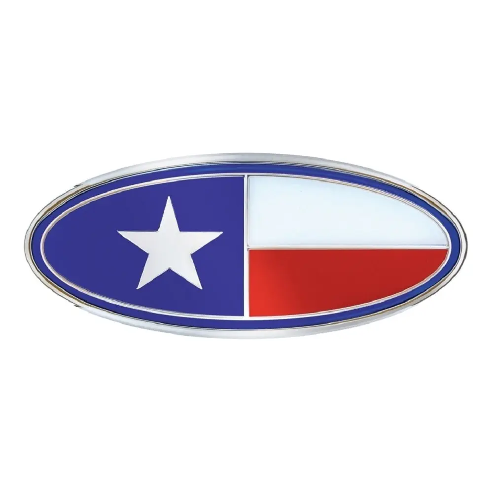 Peterbilt Texas Flag Diecast Chrome Metal Front Hood Emblem - Double-Sided Mountable, 7.875in x 3.25in, Texas Flat Car Exterior Accessory, 7 7/8" X 3 1/4"