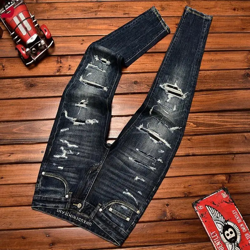 Men's Distressed Skinny Jeans|     Autumn Trend Slim Fit Trousers|     Stretch Denim w/Hole & Scrape Details|     Fashion Stretch Pants