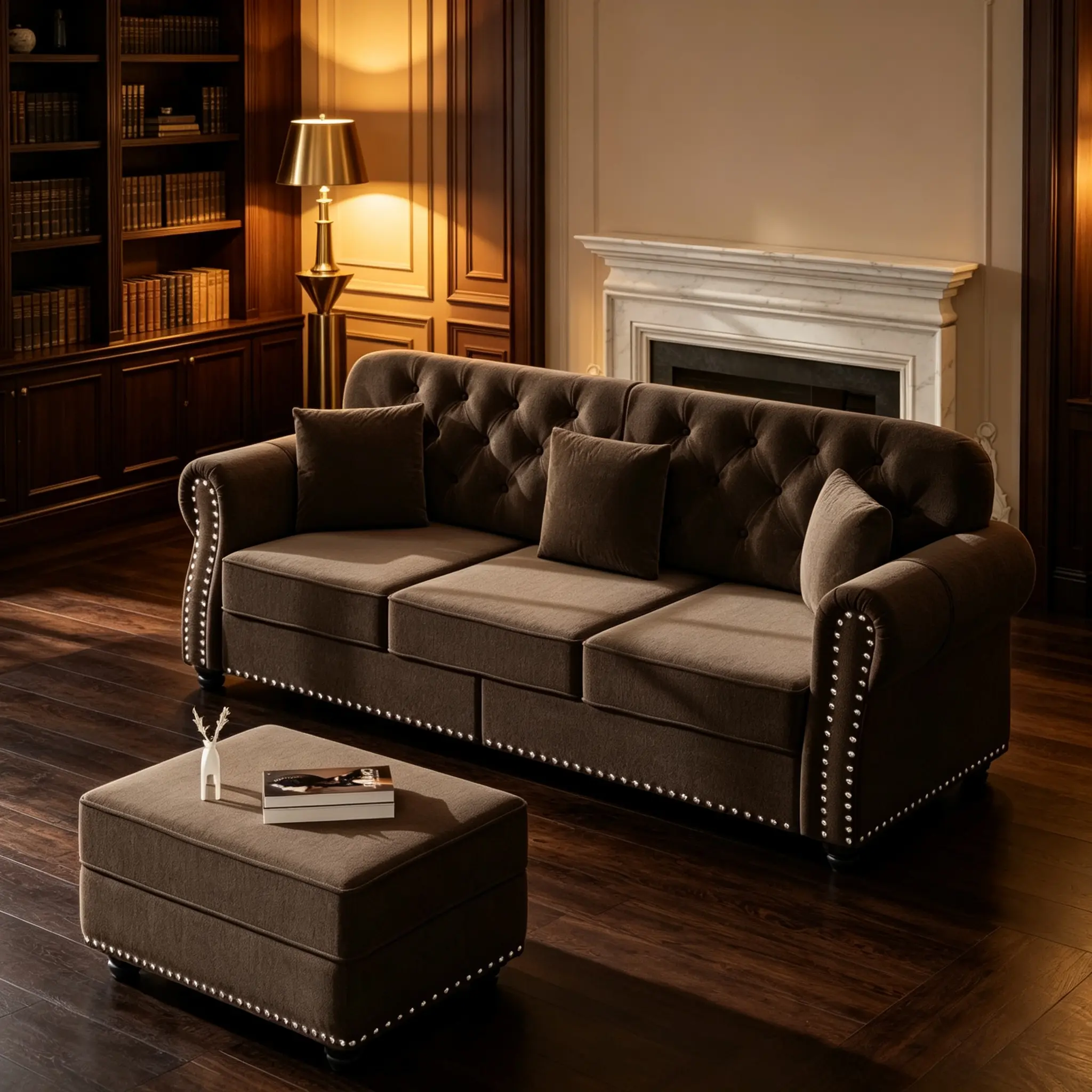 82.6 Inch Velvet Chesterfield Sofa, Mid‑Century Modern 3‑Seater Couch with Button‑Tufted Back, Nailhead Trim, Rolled Armrests, Detachable Ottoman & 3 Decorative Pillows, Traditional Sofa for Living Room