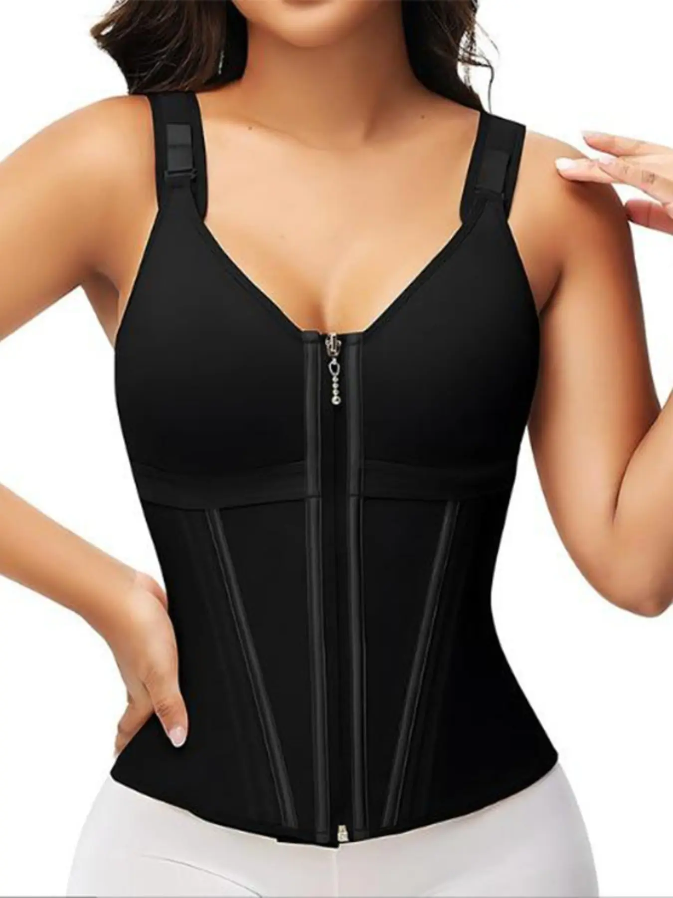 Women's Sexy Waist Training Corset, Abdominal Control Basic Shapewear Tank Top, Outer Zipper Design, Slimming Workout Vest, Corset Waist Shaper, Body Shaper Vest