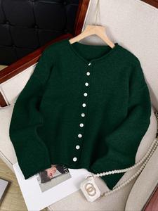 women's vintage knit cardigan with rolled hem, simple solid color sweater jacket for autumn and winter fashion, stylish casual outerwear