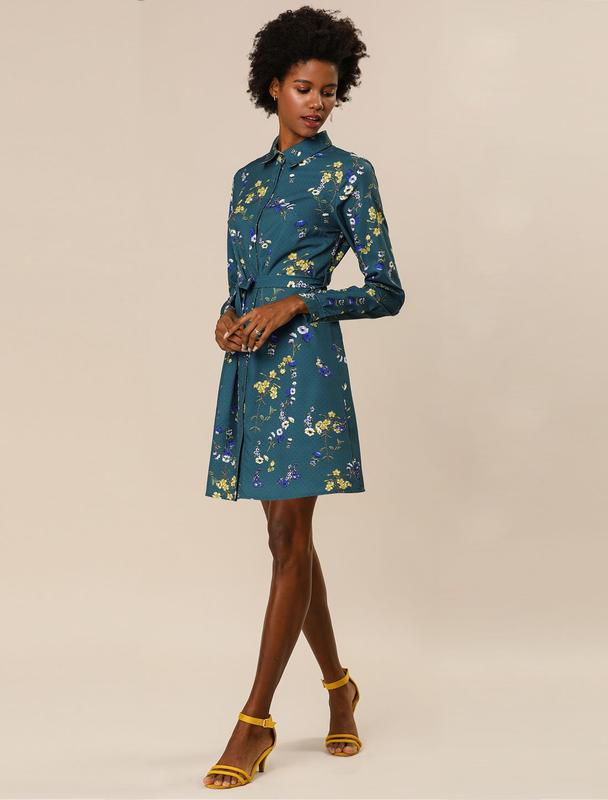 INSPIRE CHIC Women's Button Down Vintage Polka Dots Dresses Collar Tie Belted Floral Shirt Dress Teal Blue