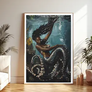 Black Mermaid Wall Art, Octopus Tail Fantasy Print, Afro Mermaid Ocean Goddess Poster, Nautical Mythology  Room Home Decor, Juneteeth Gifts
