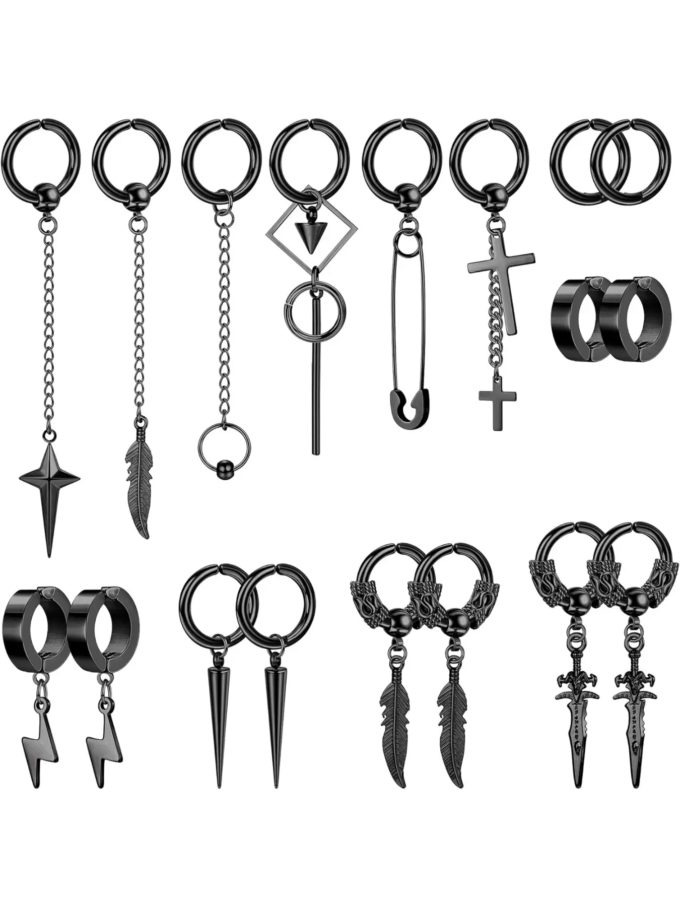 18Pcs Dangle Clip On Earrings for Men Fake Earrings Stainless Steel Cross Sword Feather Lightning Hinged Hoop Non-Piercing Earrings Set Black Silver Tone Punk Style Earrings