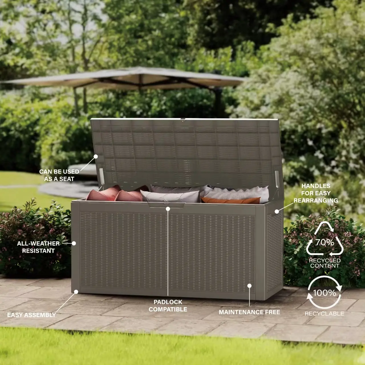 Brown 100 Gallon Storage Box Outdoor Organizer - Recyclable Weatherproof Material Spacious Interior Black Design Ideal for Organizing Your Outdoor Space