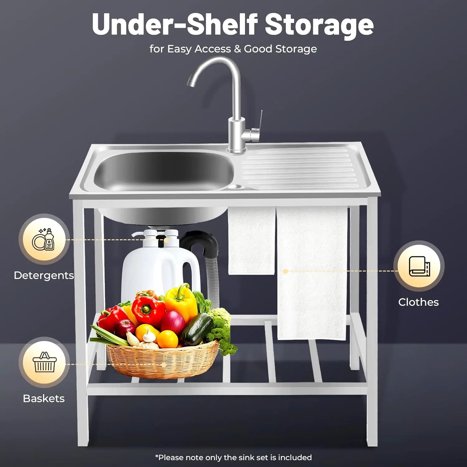 Modern Stainless Steel Freestanding Sink - 29.5x15.7x29.5in, 360° Rotatable Faucet Storage Rack, 30kg Load Bearing, Easy Installation, Adjustable, Water Column Flow, Easy Access & Good Storage, Indoor Use, for Kitchen Counter, Laundry Room, 35×31×13 Basin