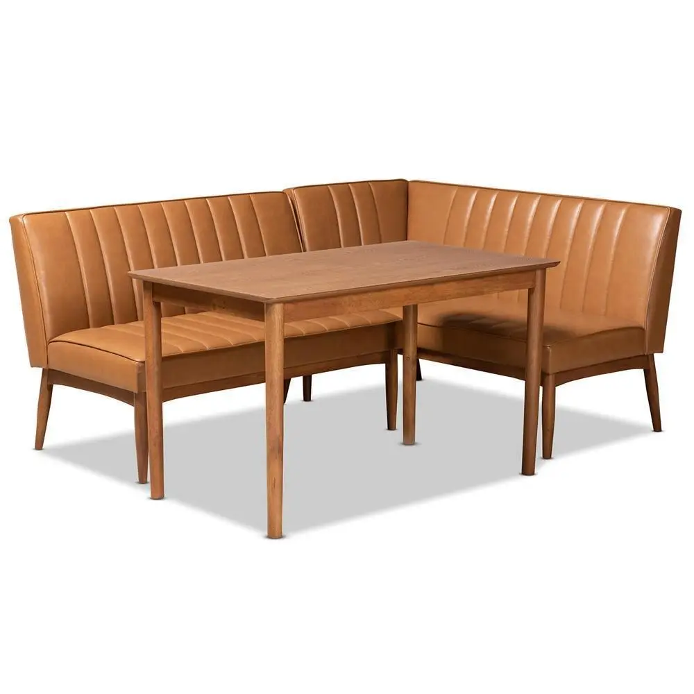 Daymond Mid-Century Modern Tan Faux Leather Upholstered and Walnut Brown Finished Wood 3-Piece Dining Nook Set