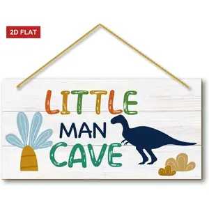 Little Man Cave, Boys Dinosaur Room Decor Wooden Door Sign for Dino Room, Baby Boys Bedroom Wall Decorations for Nursery Toddler Nursery Playroom Wall Art 3.93x7.87 inch