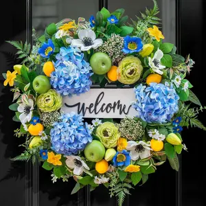 24 Inch Spring Summer Wreath for Front Door, Blue Spring and Summer Wreath with Hydrangea, Apple & Lemon, Peony Flowers and Greenery, Spring Door Wreath for Indoor Outdoor Decor