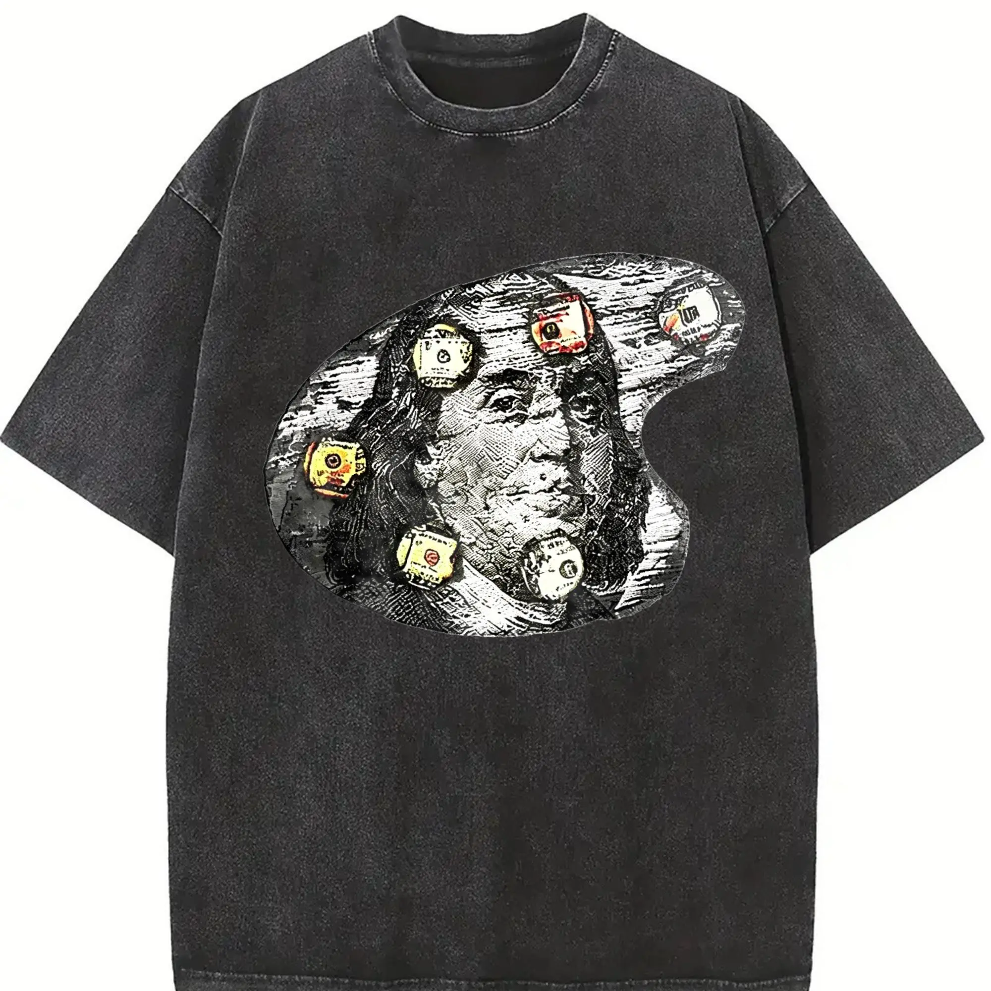 Men's Benjamin Franklin Money Graphic High Neck T-Shirt, 100% Cotton Trap Streetwear Black Tee, Retro Casual Cropped Tee