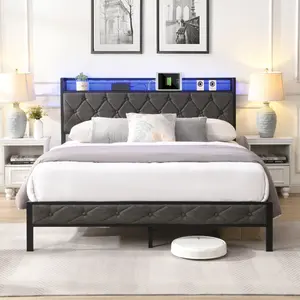 Full/Queen/King Size Platform LED Bed Frame with Storage Headboard, Charging Station and LED Lights, Upholstered Platform Bed with Heavy Metal Slats, No Box Spring Needed, Noise Free, Easy Assembly, Dark Gray