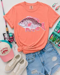 Red Snapper Fish Summer Sequin Patch Tshirt