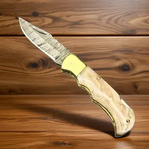 DAMASCUS POCKET KNIFE WITH MOTHER OF PEARL HANDLE With Leather Sheath