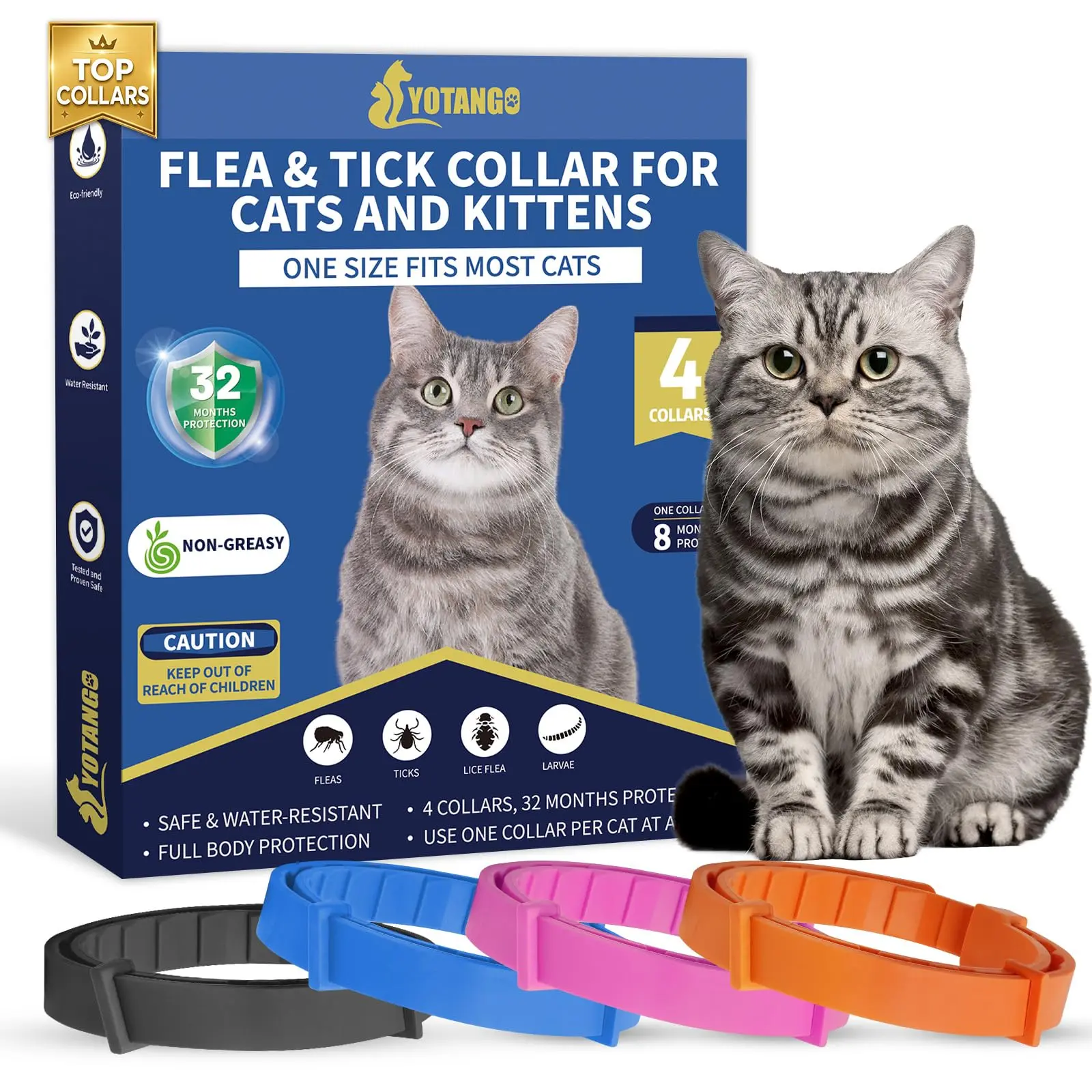 4 Pack Flea Collar for Cats, 32 Months Flea and Tick Prevention for Cat, Waterproof Natural Cat Fleas and Ticks Treatment, Adjustable Fleas and Ticks Collar for Cats Kittens(4 Colors)