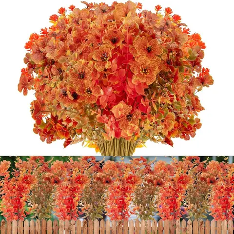 12 Bundles Artificial Fall Plants, Fake Autumn Eucalyptus Decorative Faux Flowers for Thanksgiving Outdoor UV Resistant No Fade Faux Plastic Plants Garden Porch Window Box Farmhouse Hanging Decor(fall and golden)